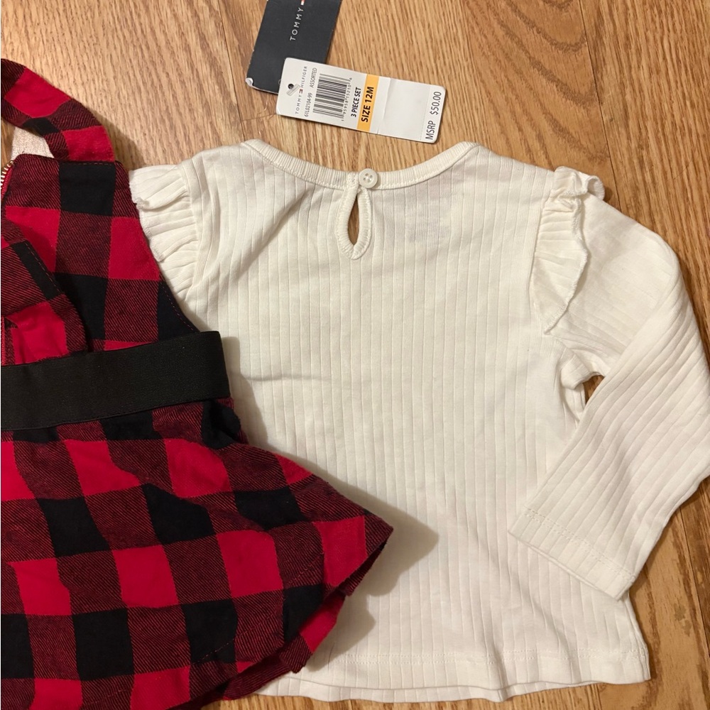 NWT Tommy Hilfiger Red & Black Flannel Dress W/White Long Sleeve Top SZ 12 Month - Picture 10 of 10